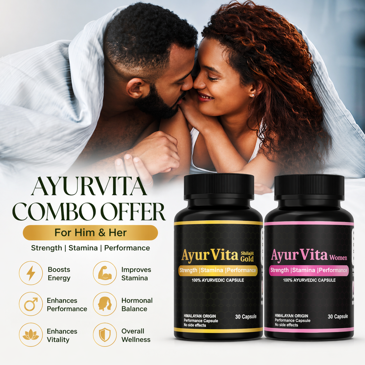 AyurVita Couple Combo Pack | Men Shilajit Gold + Women Wellness Capsules | Boosts Energy, Stamina & Vitality | Supports Hormonal Balance & Overall Health | 60 Capsules | ₹1499
