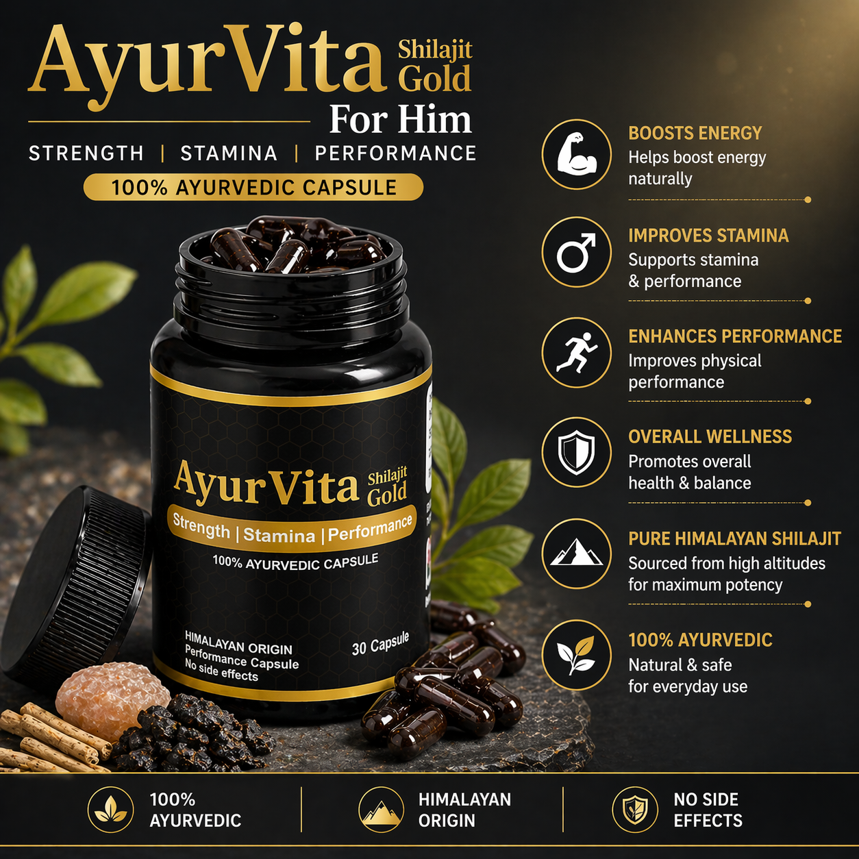 AyurVita Shilajit Gold | 100% Pure Himalayan Shilajit Ashwagandha | 30 Capsules | Enhances Stamina, Performance, Energy, and Power | Supports Healthy Life | Ayurveda