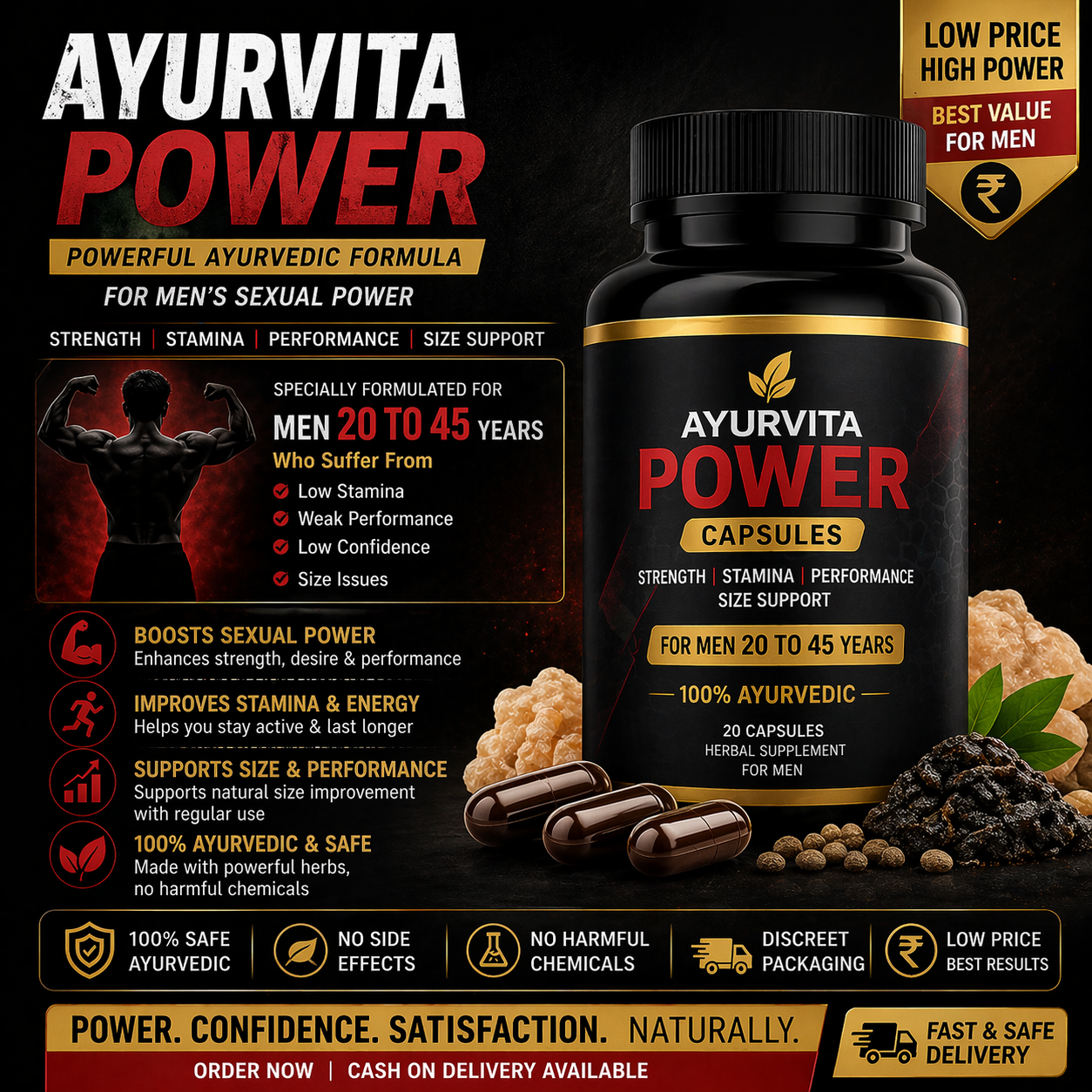 AyurVita Power Capsules for Men | Supports Stamina, Performance & Size Enhancement | Ayurvedic Formula | 20 Capsules